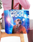 Personalized "Dr. Woof" tote bag featuring a custom dog portrait in a Doctor Who-inspired design.