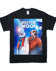 Black Gildan t-shirt with a "Doctor Woof" graphic featuring two dogs dressed as Doctor Who characters.