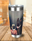 Personalized stainless steel tumbler with custom renaissance portraits of a pug and a black dog.