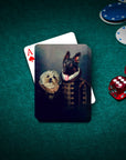 Personalized playing cards featuring two pets in Renaissance royal portraits, on a green poker table with chips and dice.