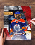 Personalized pet puzzle featuring a dog in an Edmonton Doggos hockey uniform.