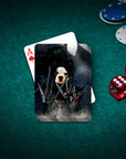 Custom Edward Scissorpaws personalized playing card featuring a Boston Terrier pet portrait, on a green felt table with poker chips and dice.