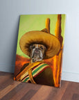 Custom pet canvas featuring a bulldog in a sombrero and Mexican general attire against a desert backdrop.