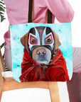 Personalized pet tote bag with a golden retriever in a Luchador mask and red cape.
