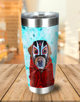 Personalized stainless steel tumbler with a custom dog portrait in a luchador mask and red cape.