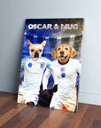 Personalized England Doggos canvas featuring a French Bulldog and Golden Retriever in white soccer jerseys.