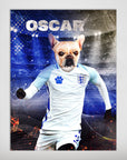 Personalized pet poster featuring a French Bulldog in an England soccer uniform against a stadium backdrop.