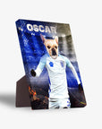 Personalized pet standing canvas featuring a French Bulldog in an England soccer uniform with "OSCAR" above.