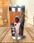 Personalized stainless steel tumbler with a custom pug pet portrait in a race car driver suit.