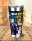 Personalized stainless steel tumbler with two dogs in soccer uniforms, "VILHO & ERIK" text.