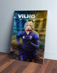 Personalized pet canvas featuring a bulldog's head on a soccer player in a blue uniform, running on a field.
