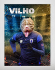 Personalized pet poster featuring a bulldog's head on a soccer player in a blue uniform, running on a field.