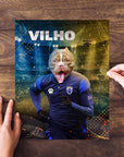 Personalized pet puzzle featuring a bulldog in a blue soccer uniform with "VILHO" text.