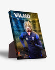 Personalized pet standing canvas featuring a pit bull's head on a soccer player's body in a blue jersey, with "VILHO" text.
