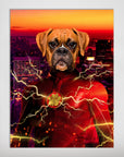 Personalized Flash Doggo pet poster featuring a boxer dog in a red superhero suit with lightning.