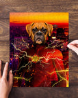 Personalized 'Flash Doggo' pet puzzle featuring a boxer dog in a superhero suit with lightning.