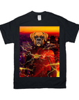 Black Gildan t-shirt with a personalized Flash Doggo design featuring a boxer dog in a red superhero suit.