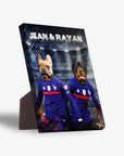 Personalized 2-pet standing canvas featuring a French Bulldog and Rottweiler in blue France soccer jerseys.