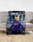 Personalized pet blanket with a French Bulldog in a blue soccer uniform, named "JEAN".