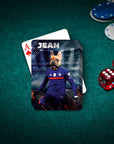 Personalized playing card featuring a French Bulldog in a blue soccer uniform, named JEAN.