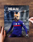 Personalized French Bulldog pet puzzle in a blue soccer uniform with "JEAN" at the top.