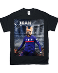 Black Gildan t-shirt with a French Bulldog in a blue soccer uniform, personalized with "JEAN".