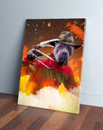 Personalized pet canvas featuring a dog dressed as Freddy Krueger, wearing a hat and clawed glove, surrounded by fire.
