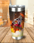 Personalized stainless steel tumbler with a dog in a Freddy Krueger costume, surrounded by fire and smoke.