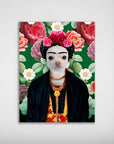 Personalized 'Frida Doggo' poster featuring a chihuahua in Frida Kahlo attire against a floral background.