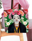Personalized Frida Doggo tote bag with a custom pet portrait in a floral frame.