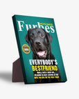 Personalized 'Furbes' pet standing canvas featuring a black dog on a teal magazine cover design.