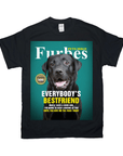 Black Gildan t-shirt featuring a personalized "Furbes" magazine cover with a black Labrador.