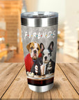 Personalized stainless steel tumbler with custom pet portraits of two dogs in a "Furends" style.