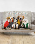 Personalized 'Furends' blanket with four dogs in Doggovinci portraits, sitting at a cafe table.