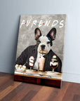 Personalized 'Furends' pet canvas featuring a French Bulldog in a black jacket with milkshakes.