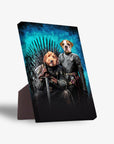 Personalized 'Game of Bones' standing canvas featuring two pets as medieval characters on a blue background.