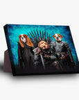 Personalized 'Game of Bones' standing canvas featuring three pets in medieval costumes on a blue background.