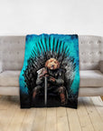 Personalized pet blanket with a dog in a royal renaissance portrait on the Iron Throne.