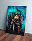 Personalized 'Game of Bones' canvas featuring a dog in armor on an iron throne with blue background.