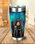 Personalized stainless steel tumbler with a dog in a Game of Thrones-style portrait on an Iron Throne.