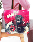 Personalized tote bag with a black dog in a football uniform on a stadium background.