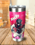 Personalized stainless steel tumbler with a black dog in a football uniform and "SMILEY" text on a pink background.