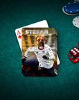 Custom personalized playing card featuring a dog in a Germany soccer jersey, with poker chips and dice.