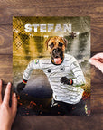 Personalized custom pet puzzle featuring a dog in a Germany soccer uniform with "STEFAN" text.