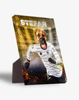 Personalized pet standing canvas featuring a Boxer dog in a Germany soccer jersey, named "STEFAN".