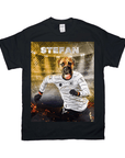 Black Gildan unisex t-shirt with a personalized graphic of a dog's head on a German soccer player's body.