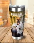 Personalized stainless steel tumbler with a dog in a Germany soccer uniform and "STEFAN" text.