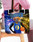 Personalized Golden State Doggos tote bag with a boxer dog portrait in a basketball uniform.