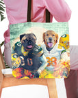 Personalized Green Bay Doggos tote bag with custom dog portraits in football jerseys.
