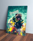 Personalized Green Bay Doggos canvas featuring a pug in a football uniform, holding a helmet.